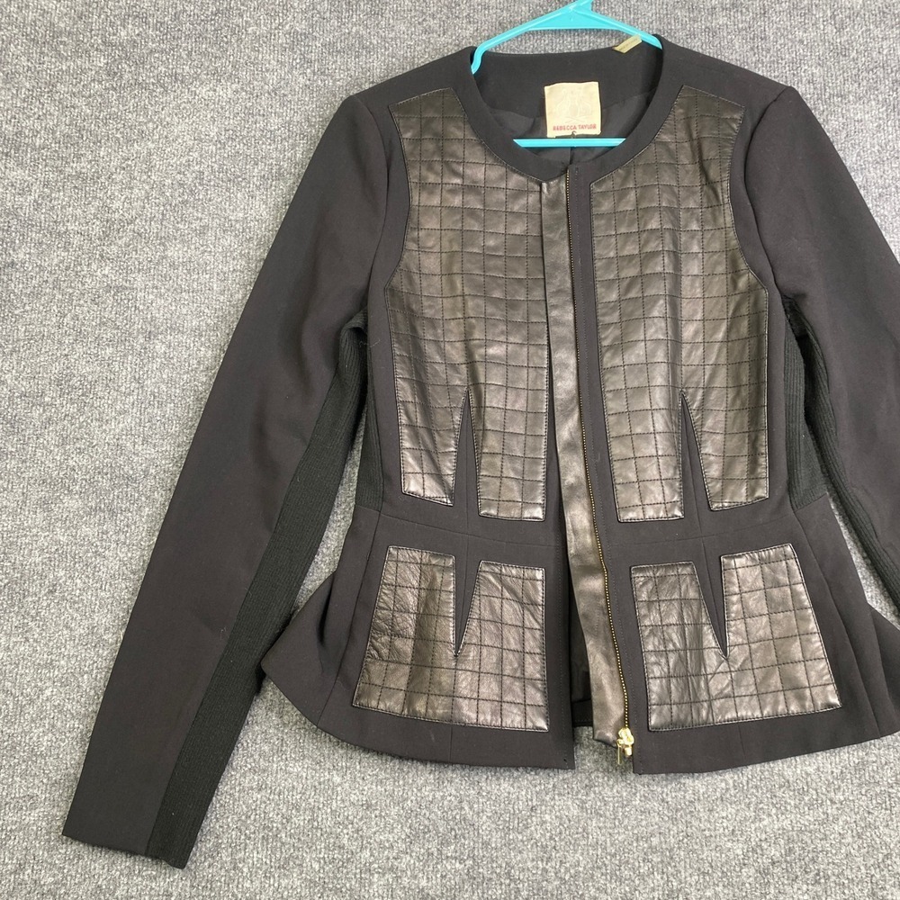Rebecca Taylor Black Quilted Lamb Leather Mixed Media Peplum Jacket Size 8 - Picture 2 of 11
